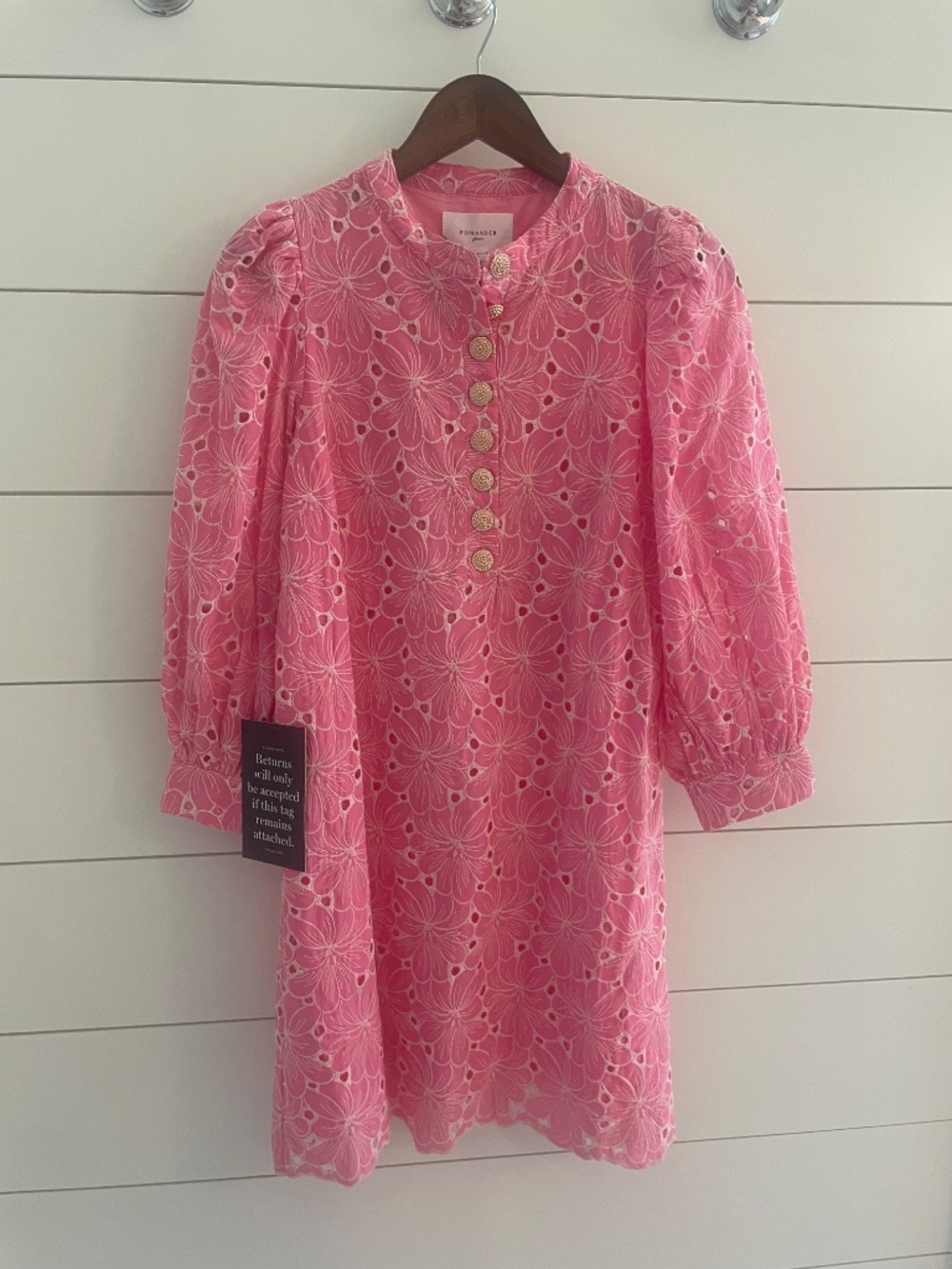 Pomander Place x Tuckernuck Pink Eyelet Samantha Dress Small Gold Button Mini - Picture 7 of 8